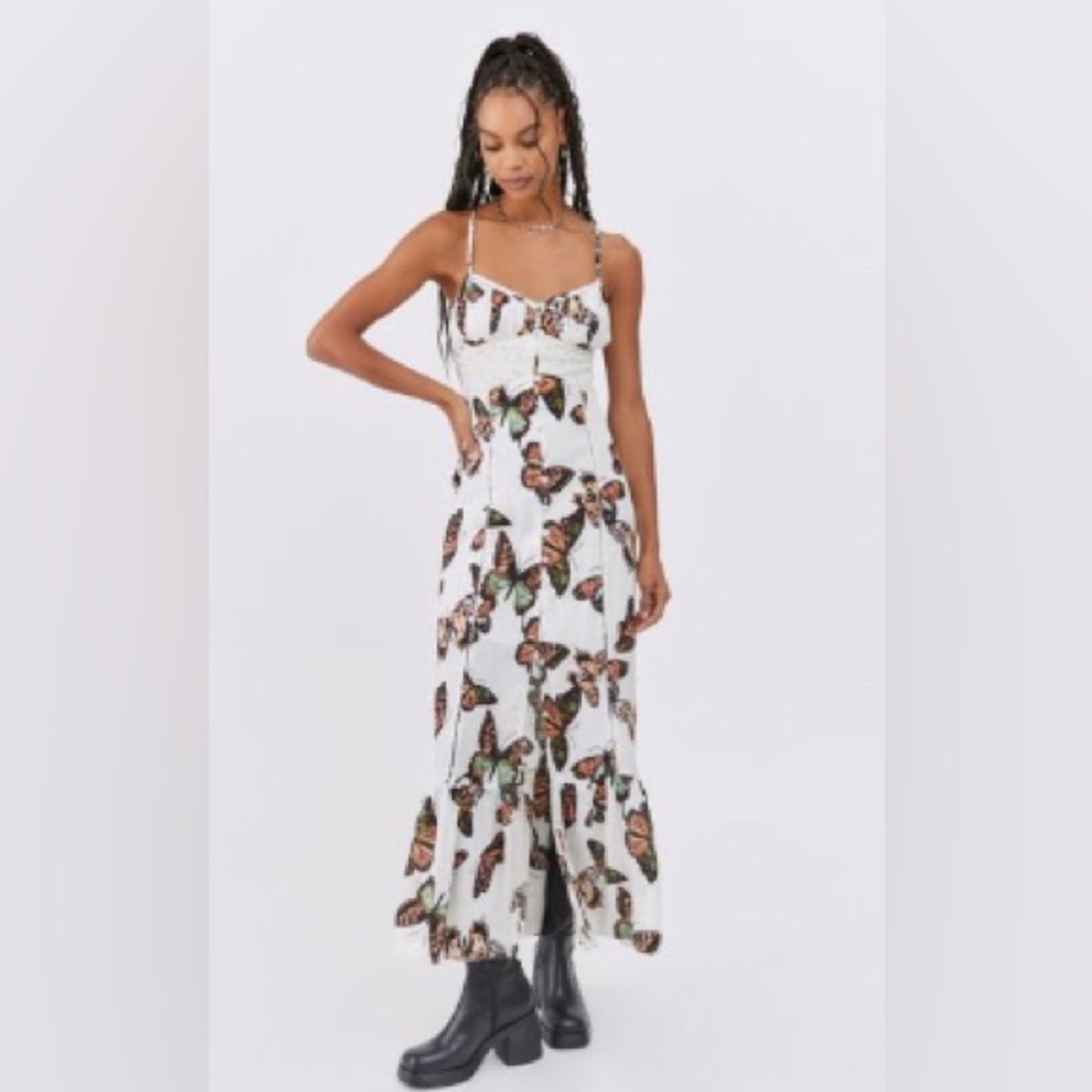Urban Outfitters Silva Rayon Midi Slip Dress - Butterfly & Lace